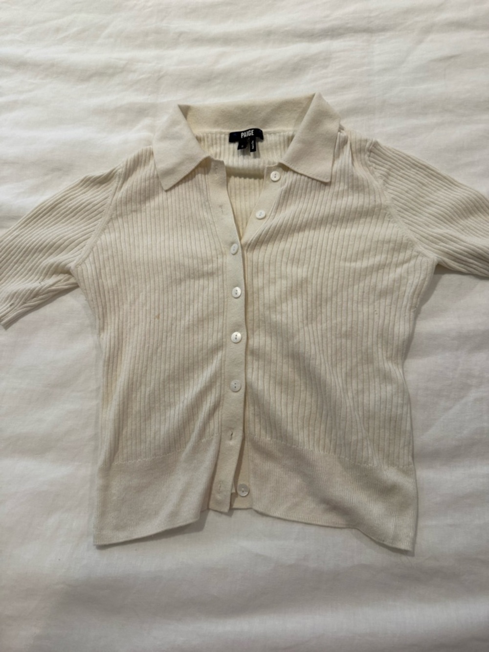 PAIGE Short Sleeve Ribbed Polo Cardigan in Cream